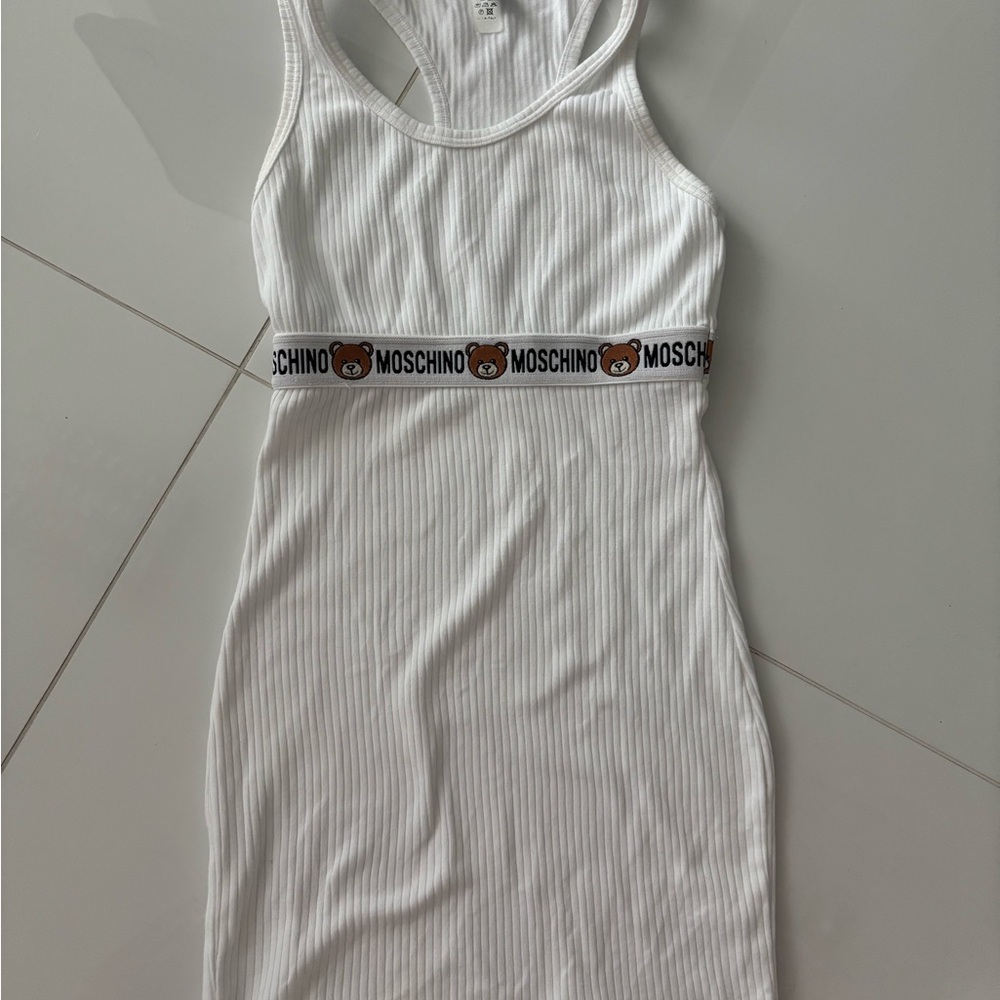 Moschino White Ribbed Mini Dress with Teddy Logo Band